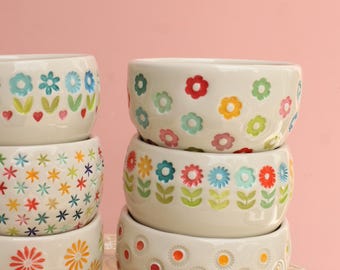 Small Stamped Porcelain Bowl, Colorful Floral Design, Handmade Pottery Dish