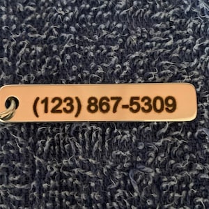 May include: A silver metal tag with a rounded ring at the top. The tag has the phone number (123) 867-5309 engraved on it.