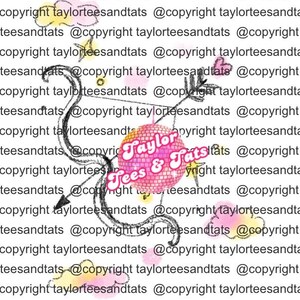 May include: A pink and white disco ball with the text "Taylor Tees & Tats" in black and white lettering. The background is a white surface with the text "teesandtats @copyright taylorteesandtats @copyright" repeated multiple times.