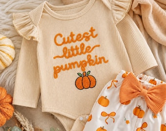 Baby-Kürbis-Strampler-Set, Herbstliches Baby-Mädchen-Outfit, Bestickter Langarm-Strampler, Hose, Stirnband-Set
