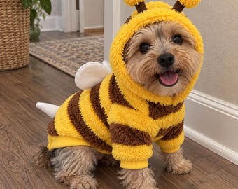 Bee Dog Costume Hoodie, Plush Pet Sweater for Small Dogs & Cats, Warm Bumblebee Pet Clothes, Fall Winter Puppy Outfit