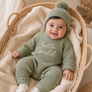 Newborn Knit Romper Set, Baby Photography Hello World Outfit with Pom Pom Hat, Gender Neutral Birth Announcement Photo Prop
