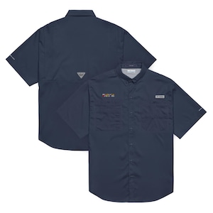May include: Navy blue short-sleeve shirt with a button-down collar and a small logo on the chest. The shirt has a pocket on the chest and a small logo on the sleeve. The text "BEACHVILLE, FL USA" is embroidered on the chest.