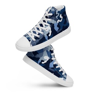 Men’s Ocean Camouflage high top canvas shoes, Blue and white camo sneakers, Nautical Theme shoes