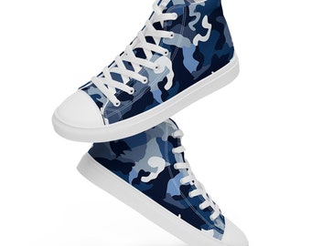 Men’s Ocean Camouflage high top canvas shoes, Blue and white camo sneakers, Nautical Theme shoes