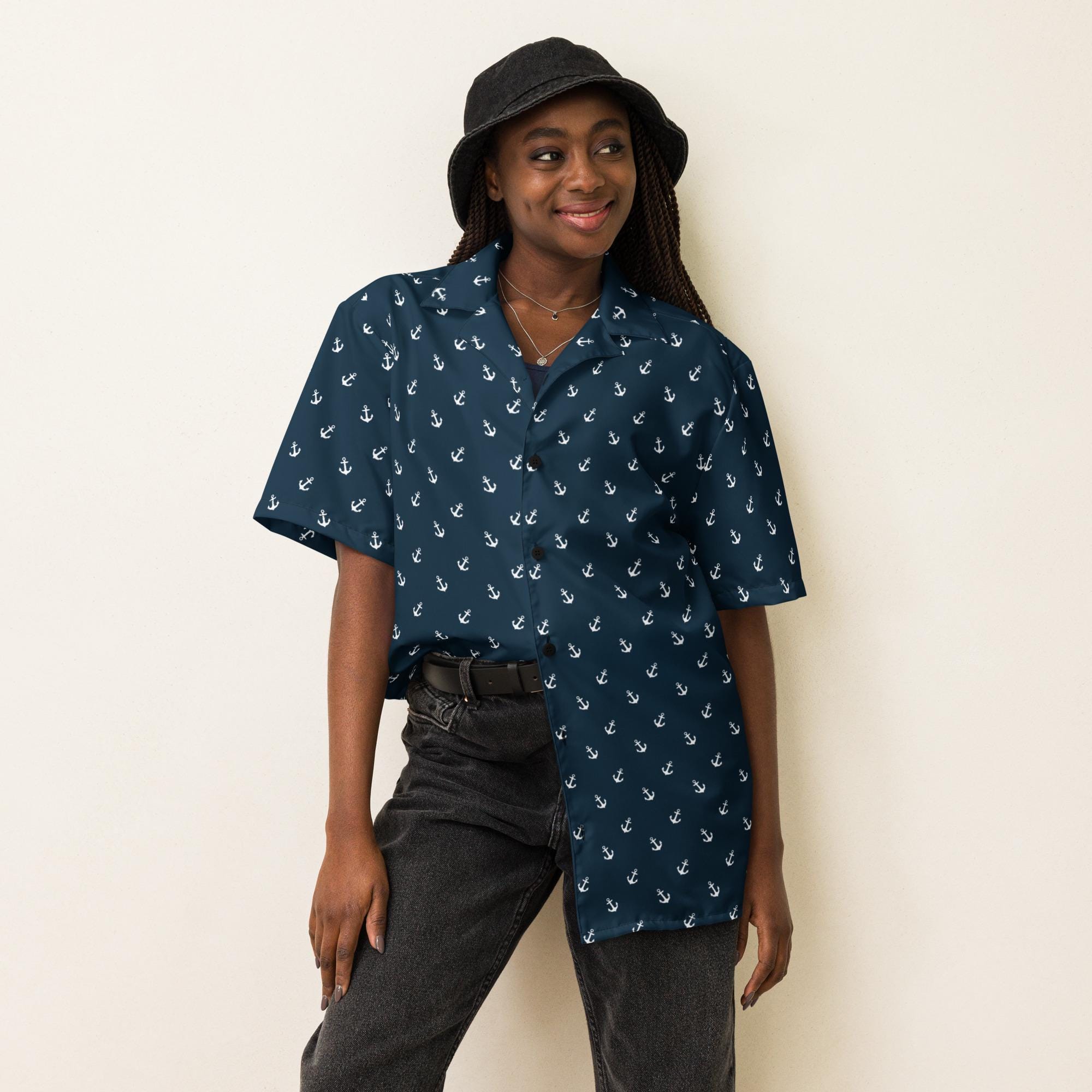 Dark Blue With White Anchors Print Hawaiian Style Unisex Button 