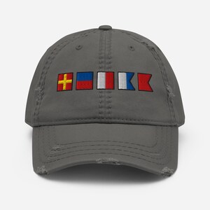 REHAB spelled out with Embroidered Nautical Flags Distressed Dad Hat, Custom Flag Hats