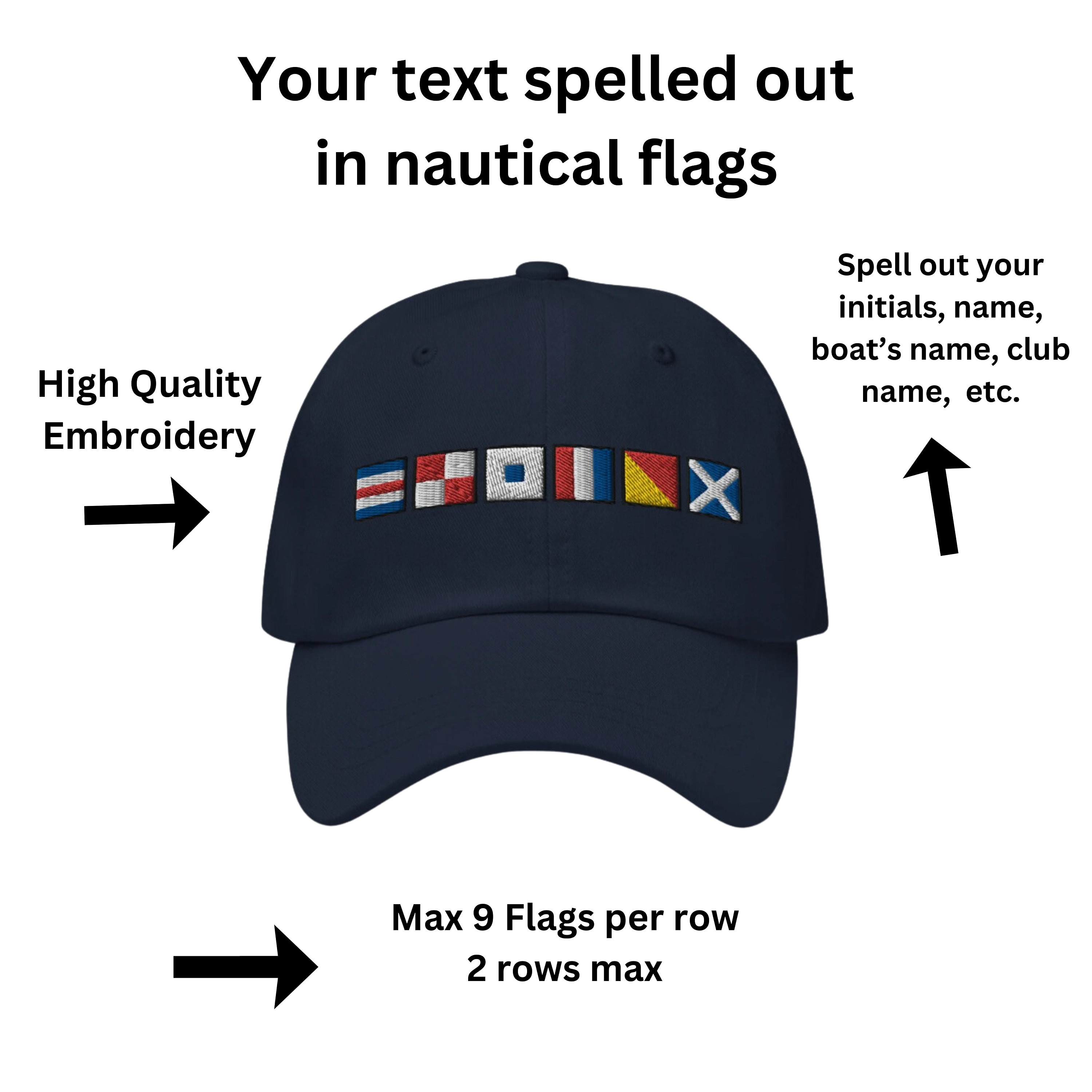 Custom Embroidered Nautical Flag hat, Personalized Semaphore Flag Baseball Cap, Boating Hat