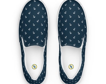 Zapatos de lona azules sin cordones con diseño de ancla náutica para mujer, zapatos de crucero, zapatos náuticos