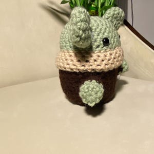 May include: A crocheted green and brown planter shaped like a character from the Star Wars franchise. The planter is decorated with a tan crocheted band around the top.