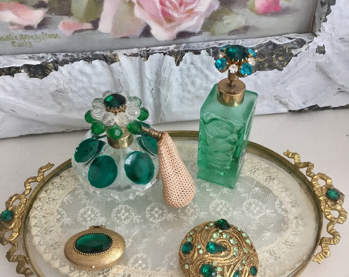 Salevintage Gold Perfume Tray Perfume Bottles Green Stone Broach