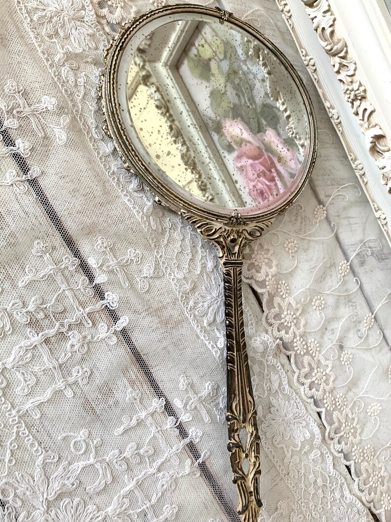 Vintage Shabby Chic Ornate Hand Held Pink Rose Mirror Vanity Etsy
