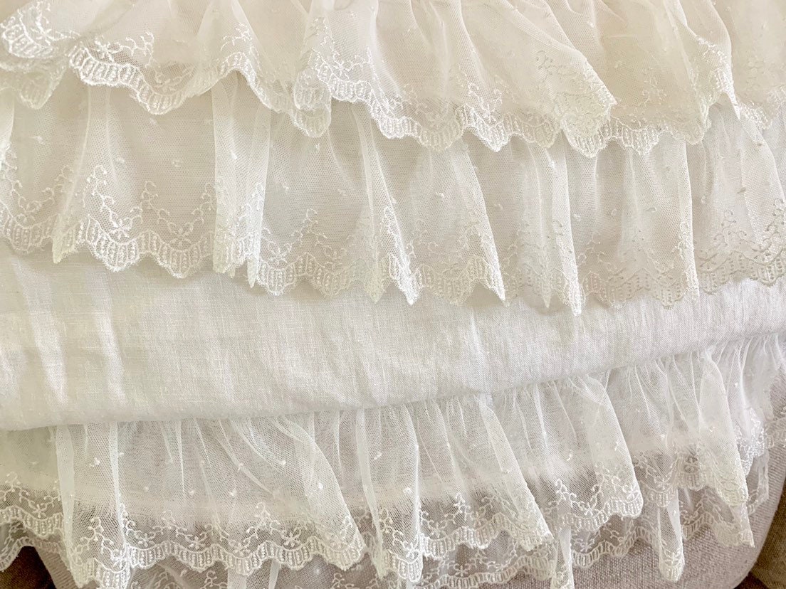 Linen Soft White Table Runner French Tulle Lace Ruffles | Etsy