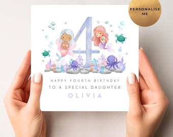 Mermaid Birthday Card - Personalised Under The Sea Birthday Card For Daughter - Granddaughter - Niece - Sister - Goddaughter - Any Age