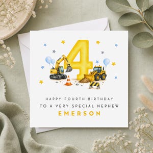 Personalised 4th Birthday Card - Construction Present - Truck & Digger Birthday Gift  for Little Boy, Son - Grandson - Nephew - Godson