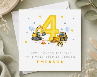 Personalised 4th Birthday Card - Construction Present - Truck & Digger Birthday Gift  for Little Boy, Son - Grandson - Nephew - Godson