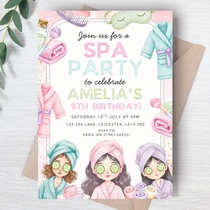 May include: A spa party invitation with a watercolour design. The invitation features the text "Join us for a SPA PARTY to celebrate AMELIA'S 9TH BIRTHDAY!" and illustrations of spa-related items and girls with cucumber eye masks.