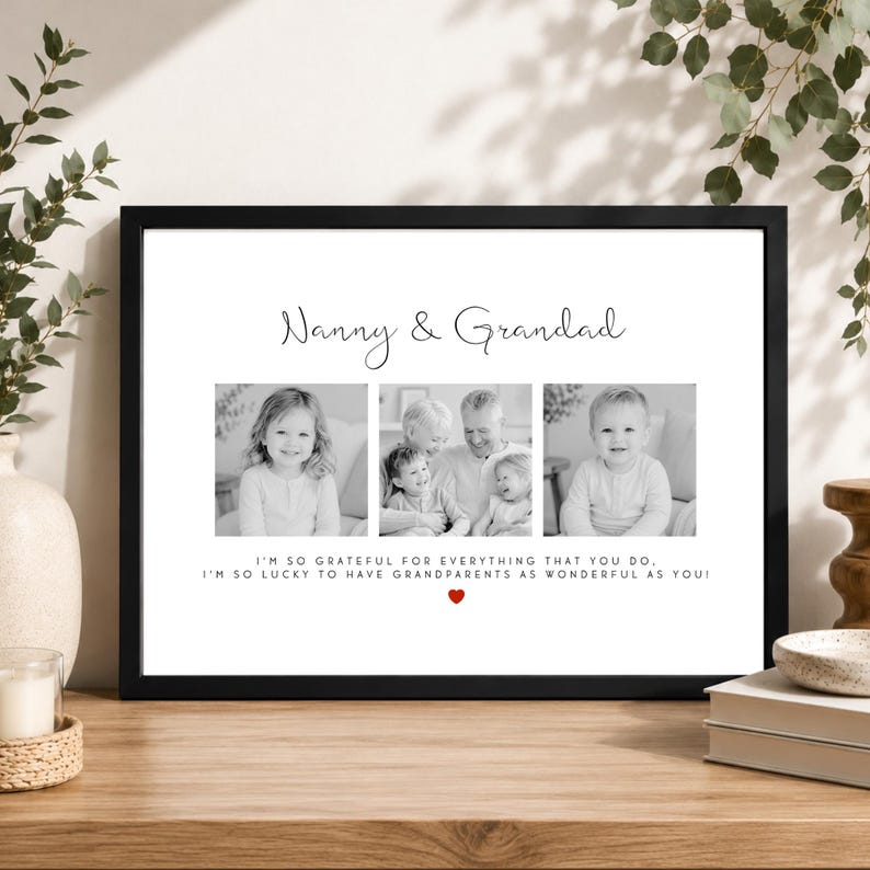 May include: A black framed wall art print featuring the text Nanny & Grandad, three black and white photographs of children and grandparents, and the text I'M SO GRATEFUL FOR EVERYTHING THAT YOU DO, I'M SO LUCKY TO HAVE GRANDPARENTS AS WONDERFUL AS YOU!