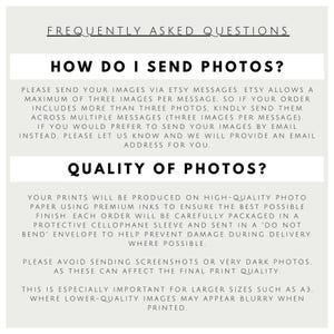 May include: A light grey informational graphic titled FREQUENTLY ASKED QUESTIONS. It contains two sections: HOW DO I SEND PHOTOS? and QUALITY OF PHOTOS? with black text instructions regarding image submission, file quality, and print production.