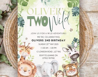 Invito di compleanno Safari MODIFICABILE - Invito per il secondo compleanno con due animali selvaggi - Inviti con animali della giungla - Invito digitale per la festa del secondo compleanno