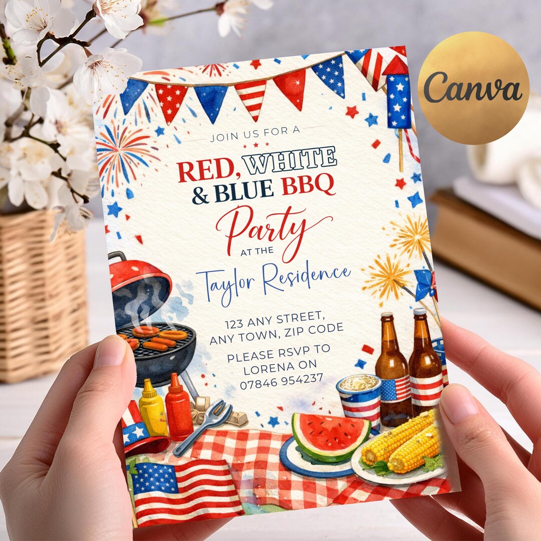 Red White & Blue BBQ Party Invitation Template, 4th of July Invitation ...
