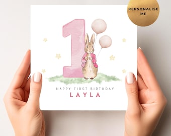 Peter Rabbit First Birthday Card - Unique 1st Birthday Card For Little Girl - Daughter - Granddaughter - Niece - Sister - Goddaughter