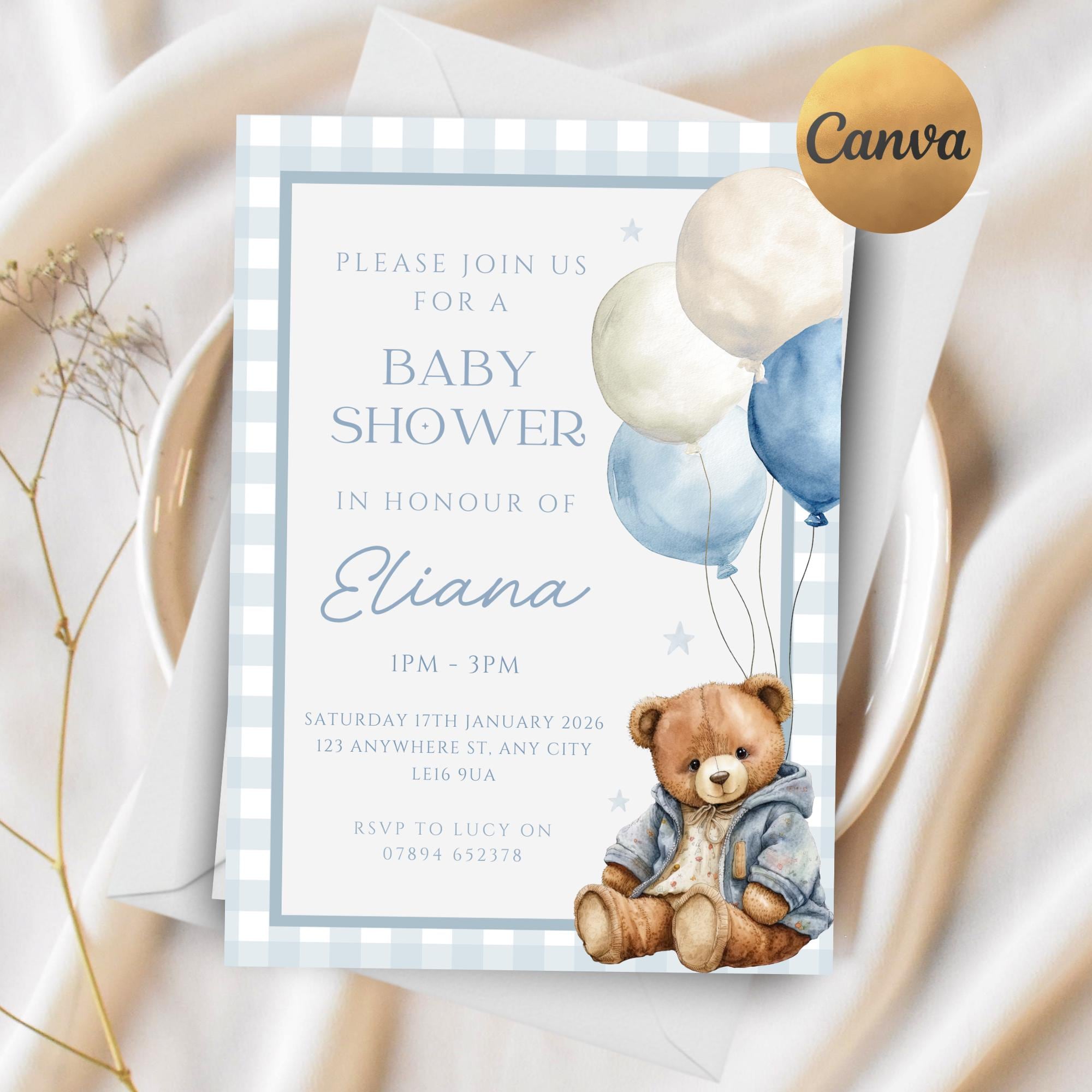 EDITABLE Blue Teddy Bear Baby Shower Invitation, Boy Baby Shower Invite ...