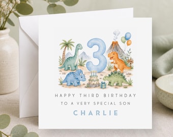 Personalised Dinosaur 3rd Birthday Card - Jurassic Themed Gift For Little Boy, Son, Grandson, Nephew, Godson, Friend