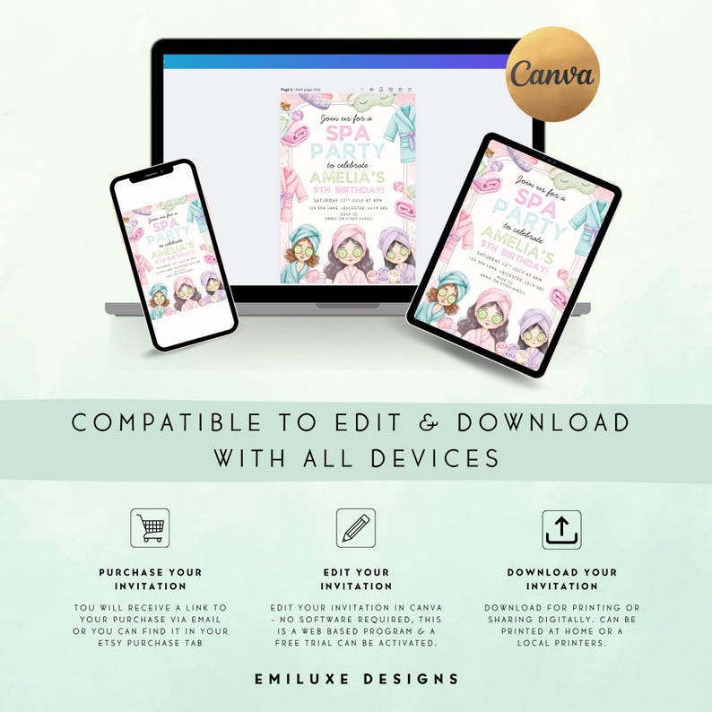May include: A digital spa party invitation displayed on a laptop, smartphone, and tablet. The invitation features illustrations of girls in spa attire. The text reads "Join us for a Spa Party to celebrate Amelia's 9th Birthday!" The image also includes the Canva logo.