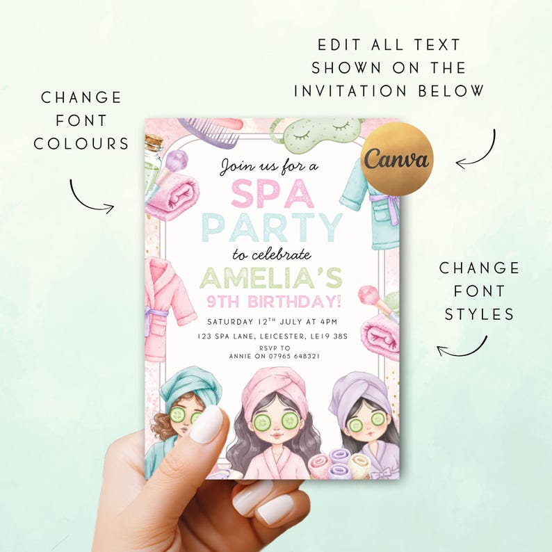 May include: Spa party invitation featuring spa-themed illustrations and three girls with cucumber eye masks. The invitation text reads "Join us for a Spa Party to celebrate Amelia's 9th Birthday!" with date, time, and RSVP details.
