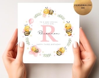 Personalised Bee Birthday Card - Happy Bee Day - Unique First Birthday Card - Little Girl - Daughter - Granddaughter - Niece - Sister