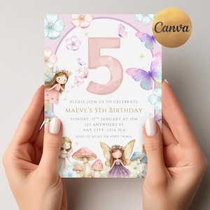 EDITABLE Fairy 5th Birthday Invitation, Enchanted Garden Fairy Party Invite, Pastel Floral Butterfly Birthday Invitation