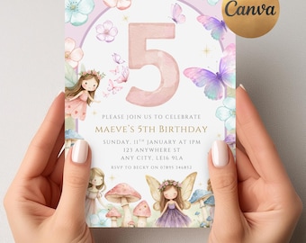 May include: A whimsical birthday invitation featuring a large pink number 5, surrounded by watercolor illustrations of fairies, butterflies, and flowers. The text reads "Maeve's 5th Birthday" with event details. The Canva logo is visible in the upper right corner.