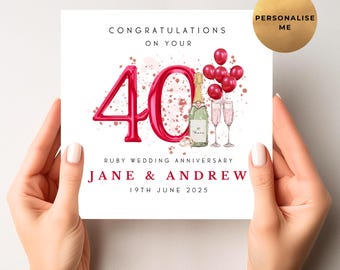 Ruby Wedding Anniversary Card - Personalised 40th Anniversary Card, 40th Wedding Anniversary Card For Mum & Dad - Best Friends or Couple