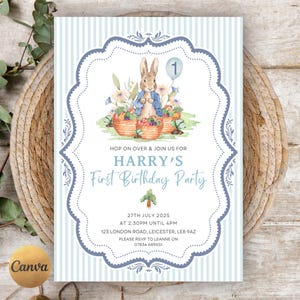 May include: A light blue and white striped invitation for a first birthday party. The invitation features a watercolor illustration of a rabbit holding a balloon, surrounded by baskets of fruit and flowers. Text includes the name "Harry's" and party details.