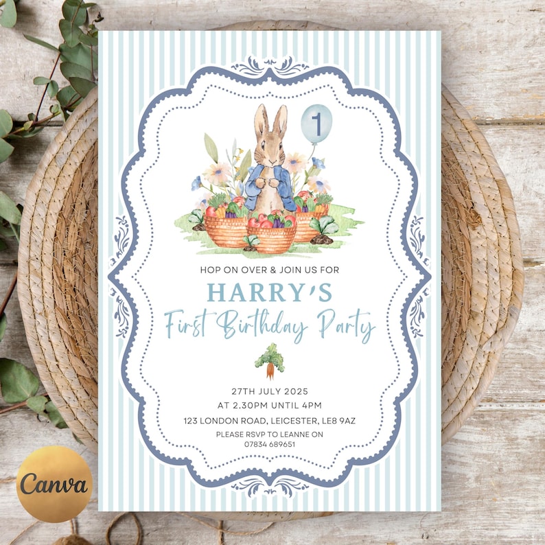 May include: A light blue and white striped invitation for a first birthday party. The invitation features a watercolor illustration of a rabbit holding a balloon, surrounded by baskets of fruit and flowers. Text includes the name "Harry's" and party details.