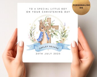 Personalised Peter Rabbit Christening Card - Baptism - Dedication - Naming Day - Boy - Son - Grandson - Nephew - Brother - Religious Card