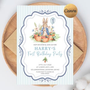 May include: A light blue and white striped invitation for Harry's first birthday party. The invitation features a watercolor illustration of a rabbit holding a balloon, surrounded by baskets of vegetables and flowers. Text includes party details.