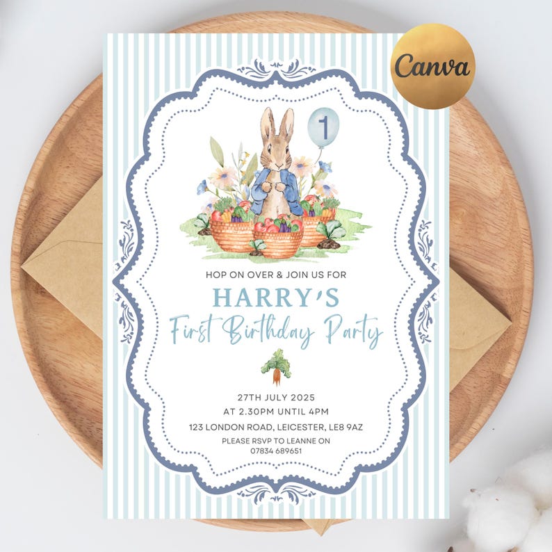 May include: A light blue and white striped invitation for Harry's first birthday party. The invitation features a watercolor illustration of a rabbit holding a balloon, surrounded by baskets of vegetables and flowers. Text includes party details.