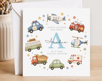 Personalised Car Birthday Card - Truck & Digger Birthday Card - Emergency Vehicle Any Age Gift For Son - Grandson - Nephew - Godson