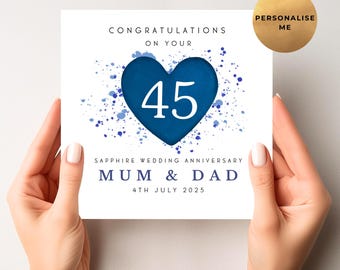 Sapphire Wedding Anniversary Card - Personalised 45th Anniversary Gift, 45th Wedding Anniversary Card For Mum & Dad - Best Friends or Couple