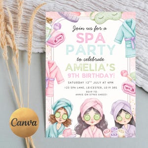 May include: A spa party invitation with a watercolour design. The invitation reads "Join us for a SPA PARTY to celebrate AMELIA'S 9TH BIRTHDAY!" and includes spa-themed illustrations of girls with cucumber slices on their eyes.