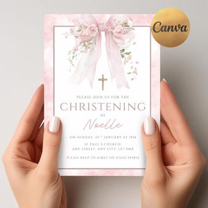 EDITABLE Pink Christening Invitation, Floral Baptism Invite for Girl, Bow & Cross Christening Invitation, Printable Template