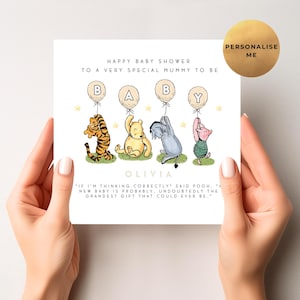 K&ouml;nnte beinhalten: Babyparty-Karte mit Winnie-the-Pooh-Figuren, die Luftballons mit der Aufschrift "BABY" halten. Die Karte tr&auml;gt die Aufschriften "Happy Baby Shower to a Very Special Mummy to Be" und "Olivia".