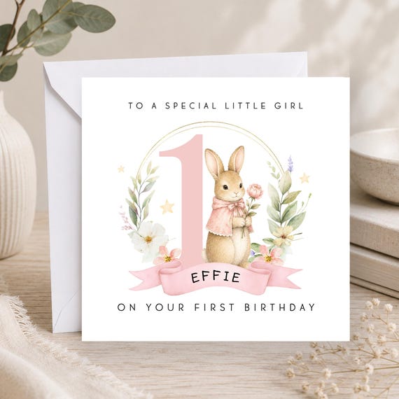 Personalised First Birthday Card -  Woodland Bunny Rabbit 1st Birthday Card For Little Girl - Daughter - Granddaughter - Niece - Sister