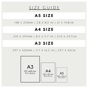 May include: A size guide chart with black text on a light background. It lists A5, A4, and A3 dimensions in millimetres and inches. A5 is 148 x 210 mm or 5.8 x 8.3 in, A4 is 210 x 297 mm or 8.3 x 11.7 in, and A3 is 297 x 420 mm or 11.7 x 16.5 in.