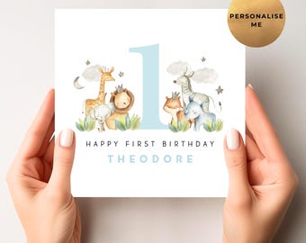 Personalised First Birthday Card - Unique 1st Birthday Safari Card - Son - Daughter -  Grandson - Granddaughter - Niece - Nephew - Godson