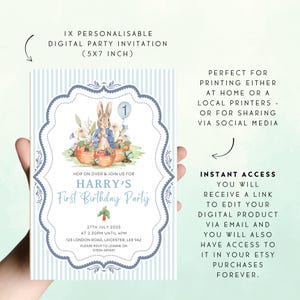 May include: Digital party invitation (5x7 inch) featuring a watercolor illustration of Peter Rabbit with baskets of fruit and flowers. The invitation includes the text "HARRY'S First Birthday Party" and event details. The invitation is perfect for printing at home or at a local printer.
