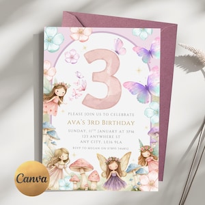 May include: A birthday invitation featuring a whimsical design with fairies, butterflies, and flowers. The invitation is for Ava's 3rd birthday, with the number "3" prominently displayed. The text includes the date, time, and location.