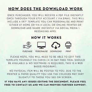 May include: Informational graphic with the title "HOW DOES THE DOWNLOAD WORK". It explains the process: purchase, personalize, download, and print. Includes text about receiving a PDF file and editing the template via Canva.